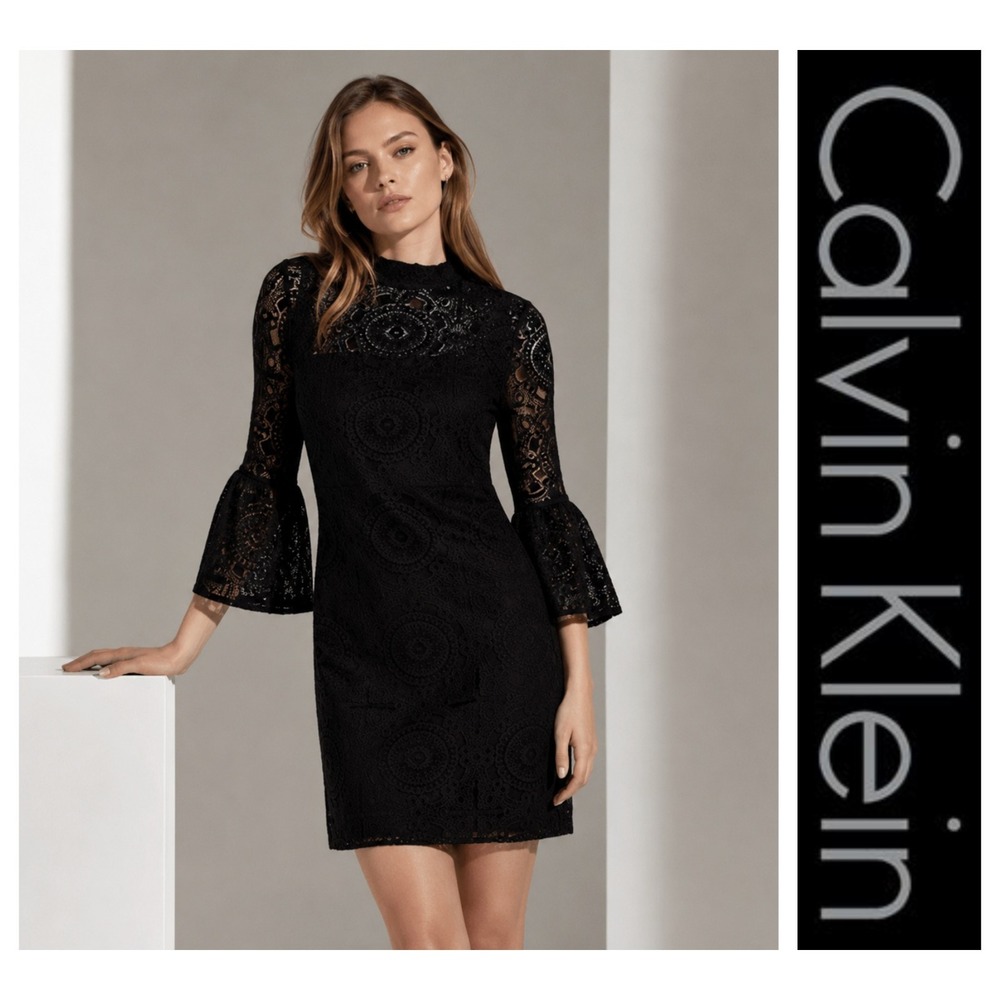 Calvin Klein Black Burnout Velvet Lace Bell-Sleeve Sheath Dress 8